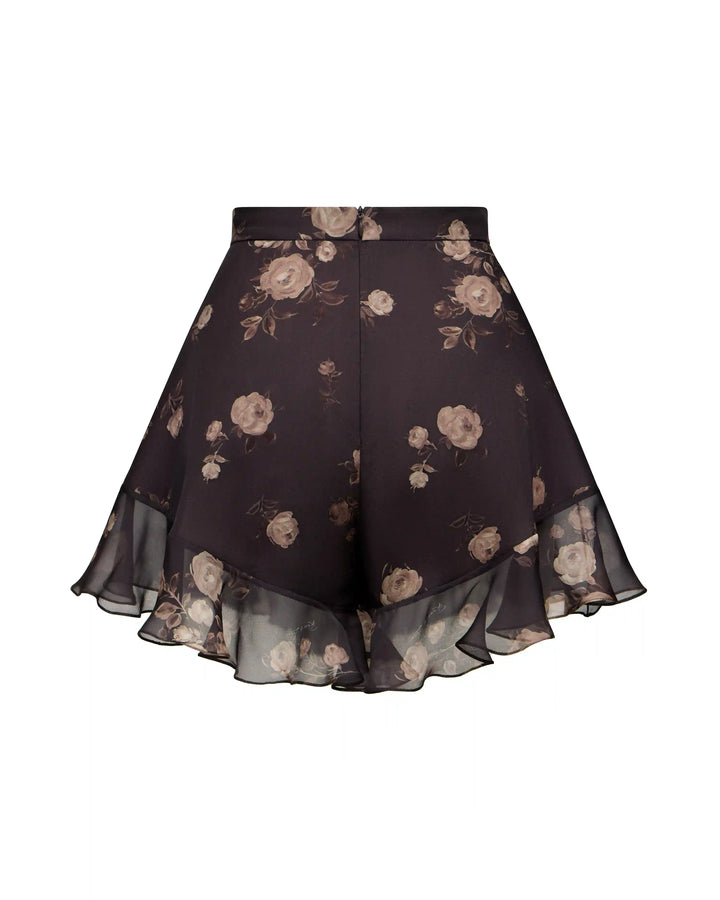 Audrie, mini shorts with ruffles made of chocolate crepe de chine with floral print