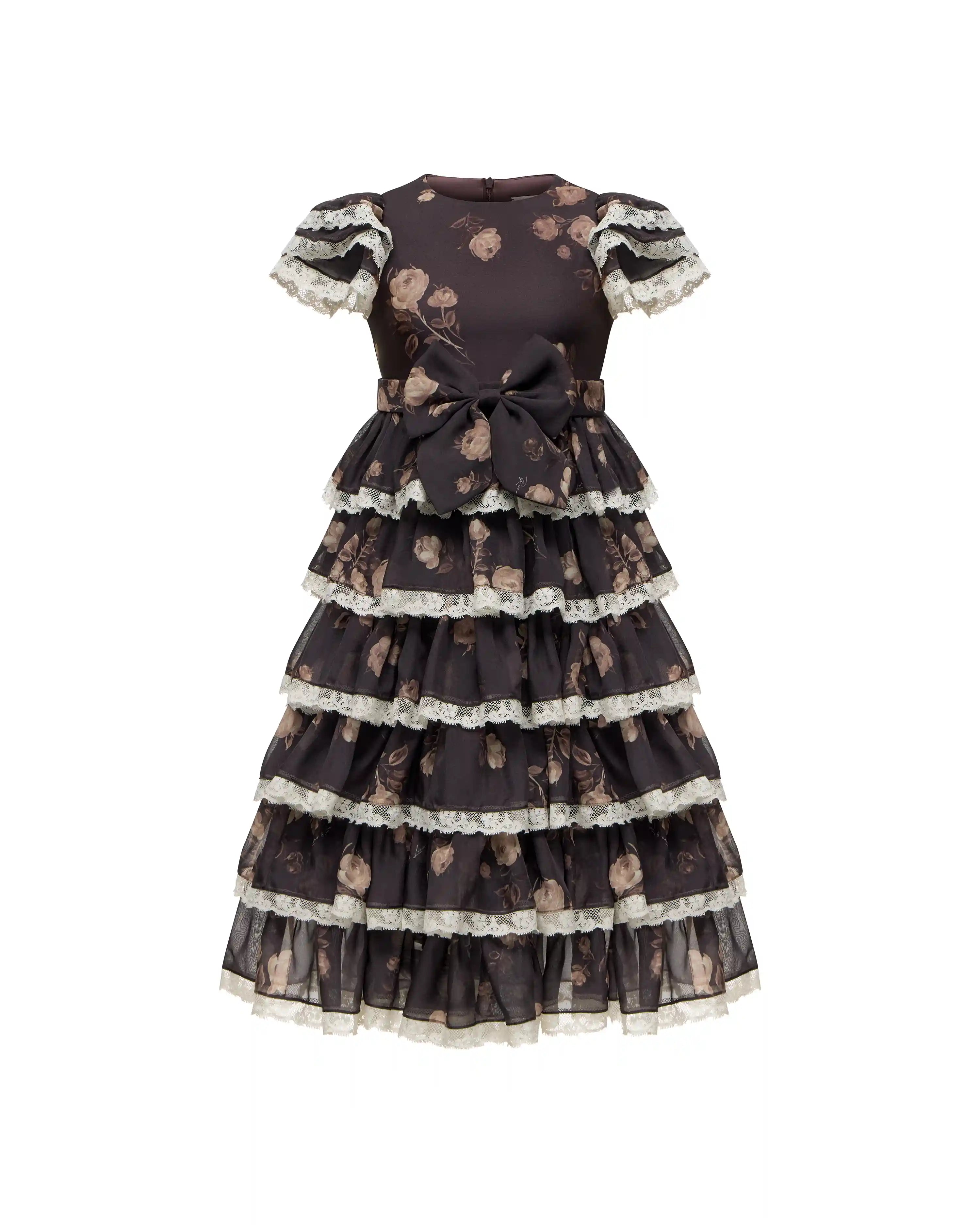 Ava, children's dress made of chocolate chiffon with floral print