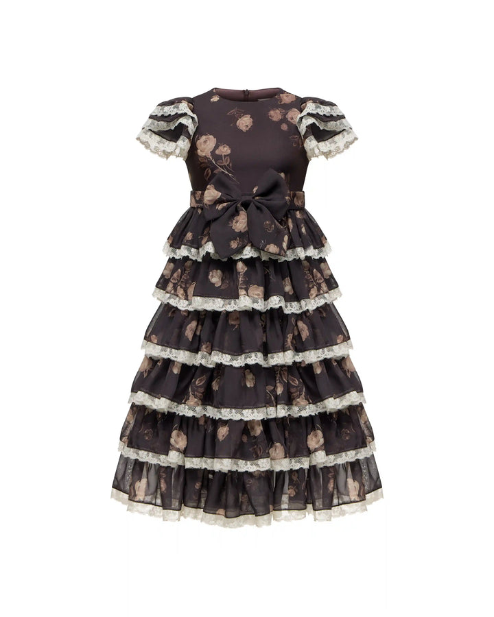 Ava, children's dress made of chocolate chiffon with floral print