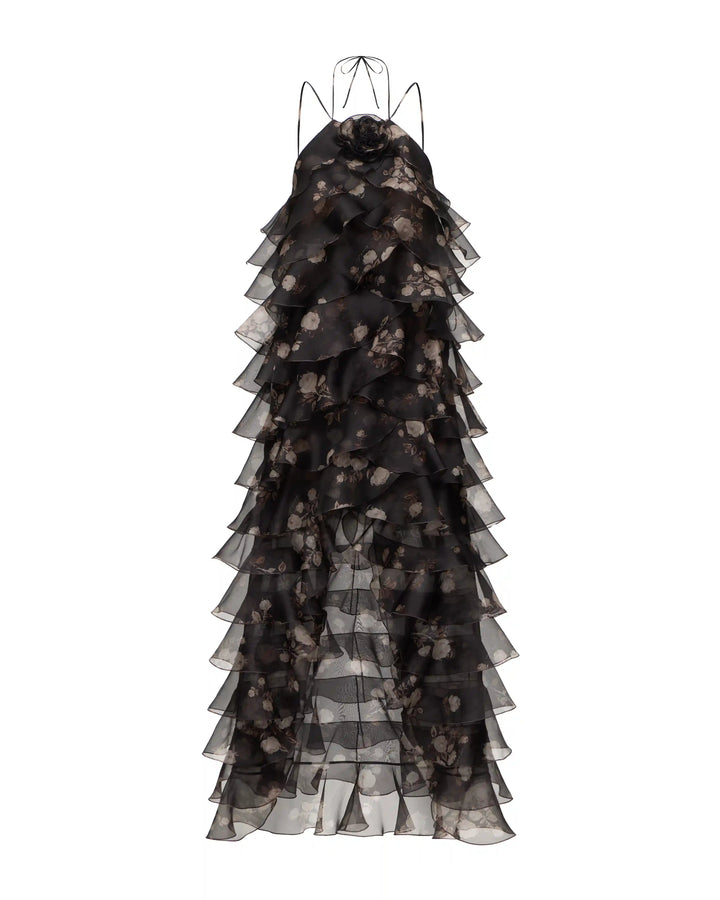 Dakota, maxi dress made of chocolate organza with floral print