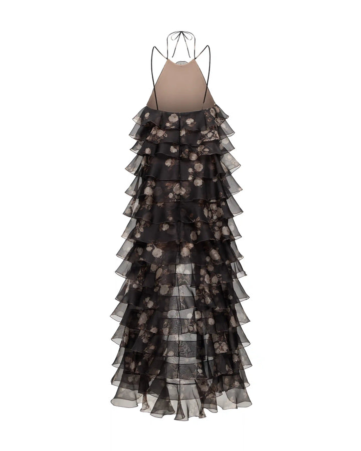 Dakota, maxi dress made of chocolate organza with floral print
