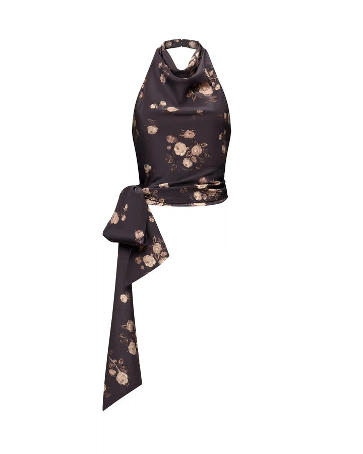 Eliana, top with ruffles made of chocolate crepe de chine with floral print