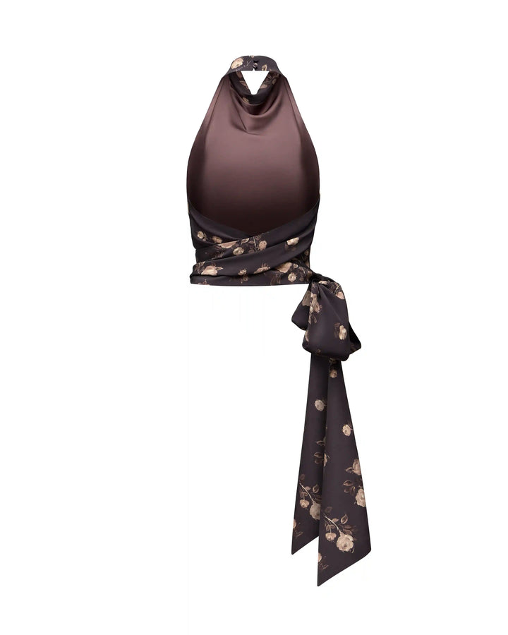 Eliana, top with ruffles made of chocolate crepe de chine with floral print