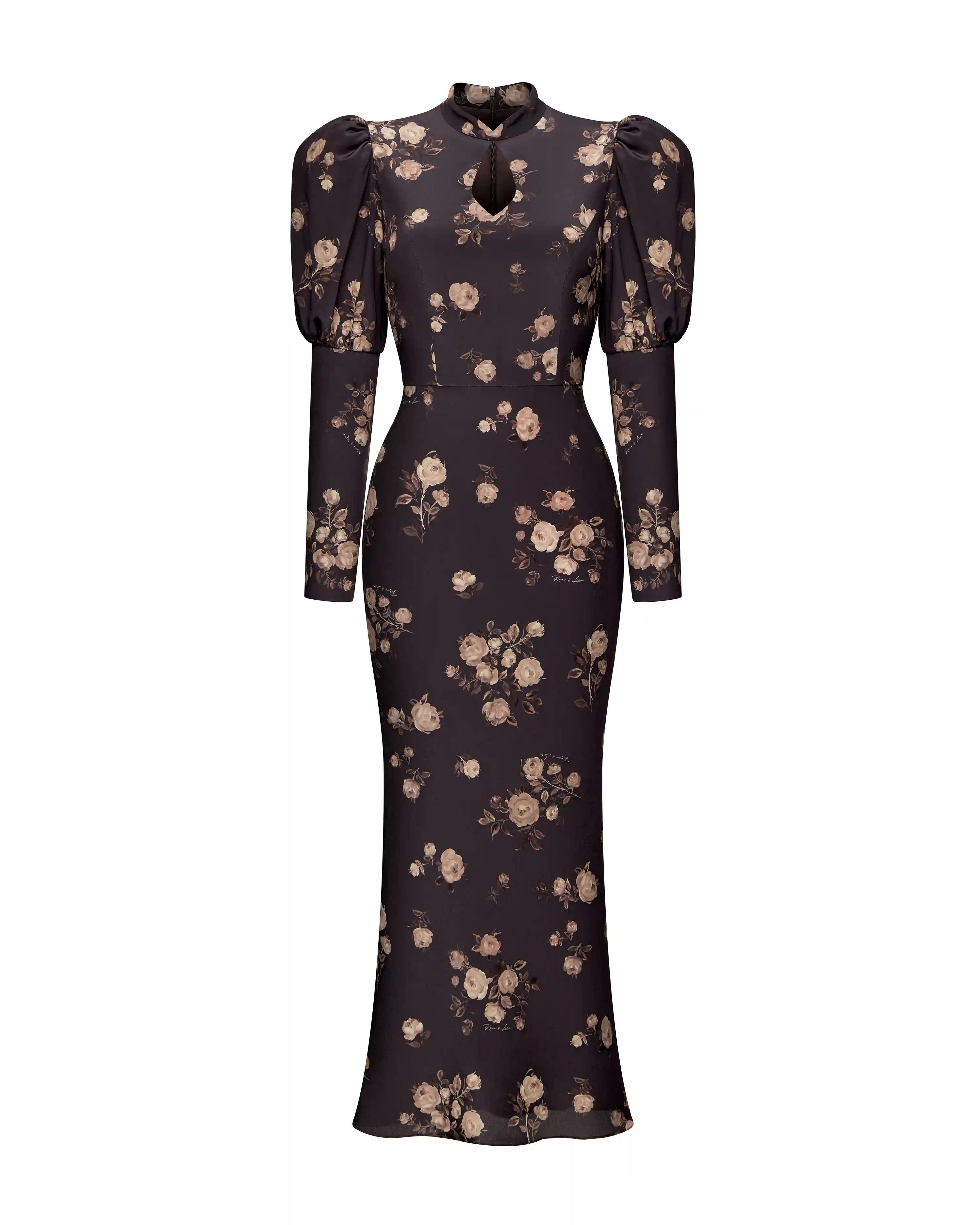 Giannetta midi, midi dress made of chocolate crepe de chine with floral print