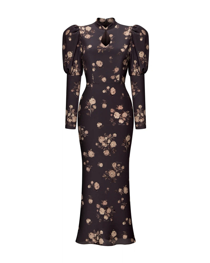 Giannetta midi, midi dress made of chocolate crepe de chine with floral print