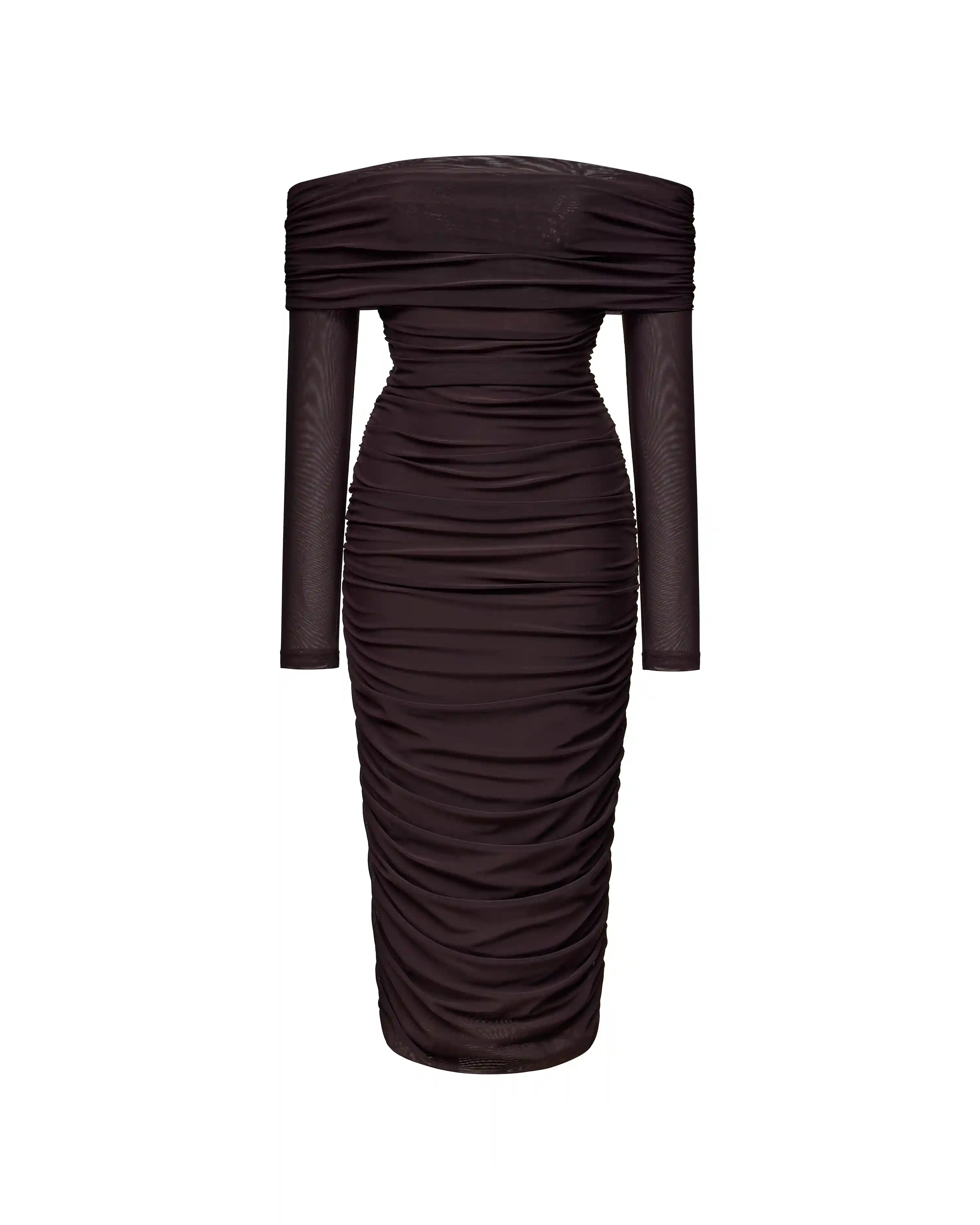 Iry midi, draped midi dress with long sleeves made of chocolate mesh