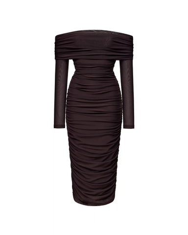 Iry midi, draped midi dress with long sleeves made of chocolate mesh