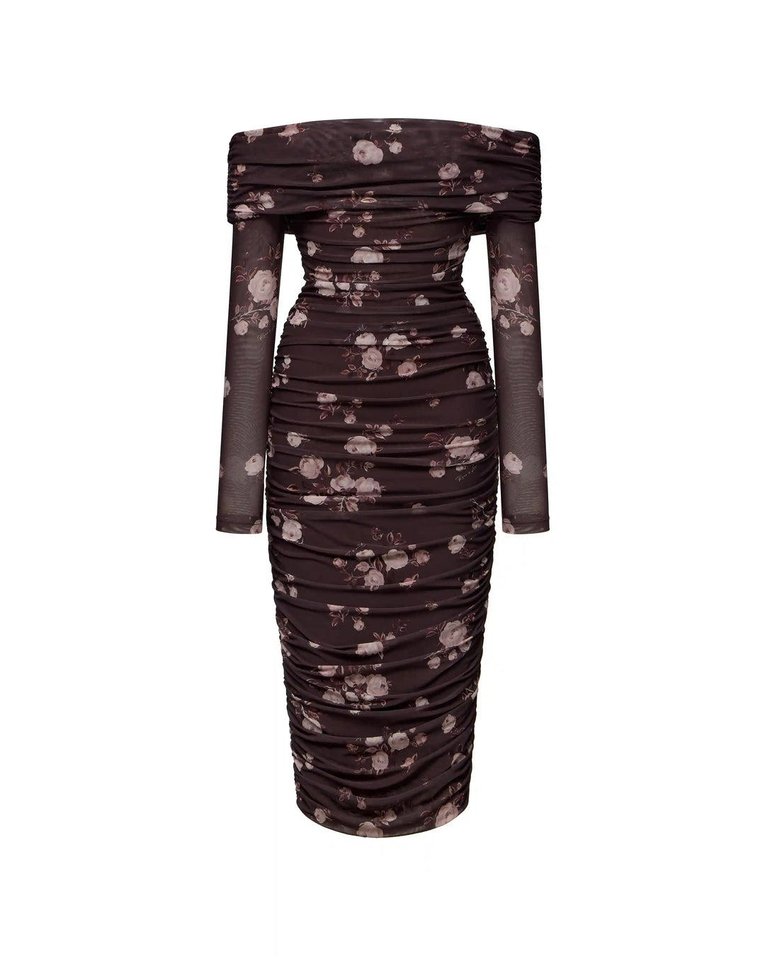 Iry midi, draped midi dress with long sleeves made of chocolate mesh with floral print