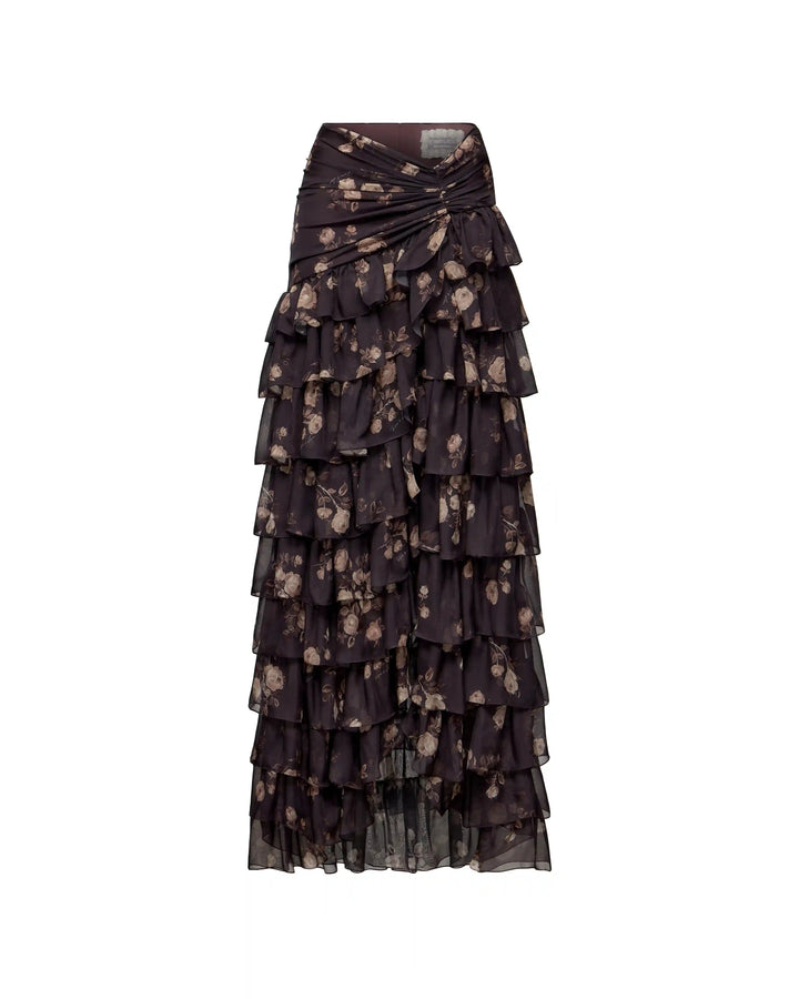 Lissa, maxi skirt made of chocolate chiffon with floral print