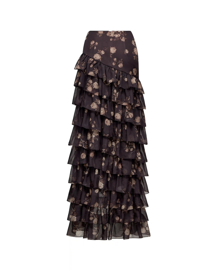 Lissa, maxi skirt made of chocolate chiffon with floral print