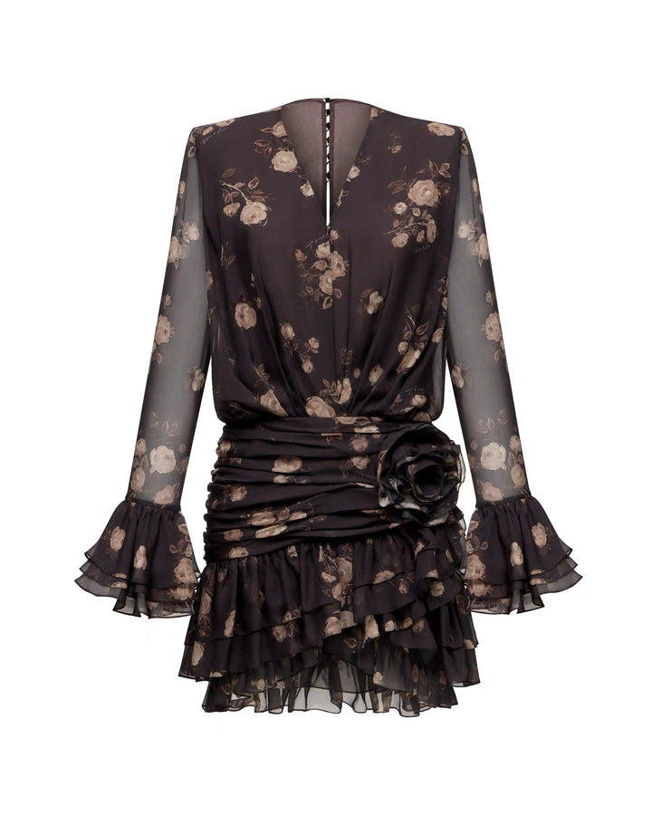 Mira, mini dress made of chocolate chiffon with floral print