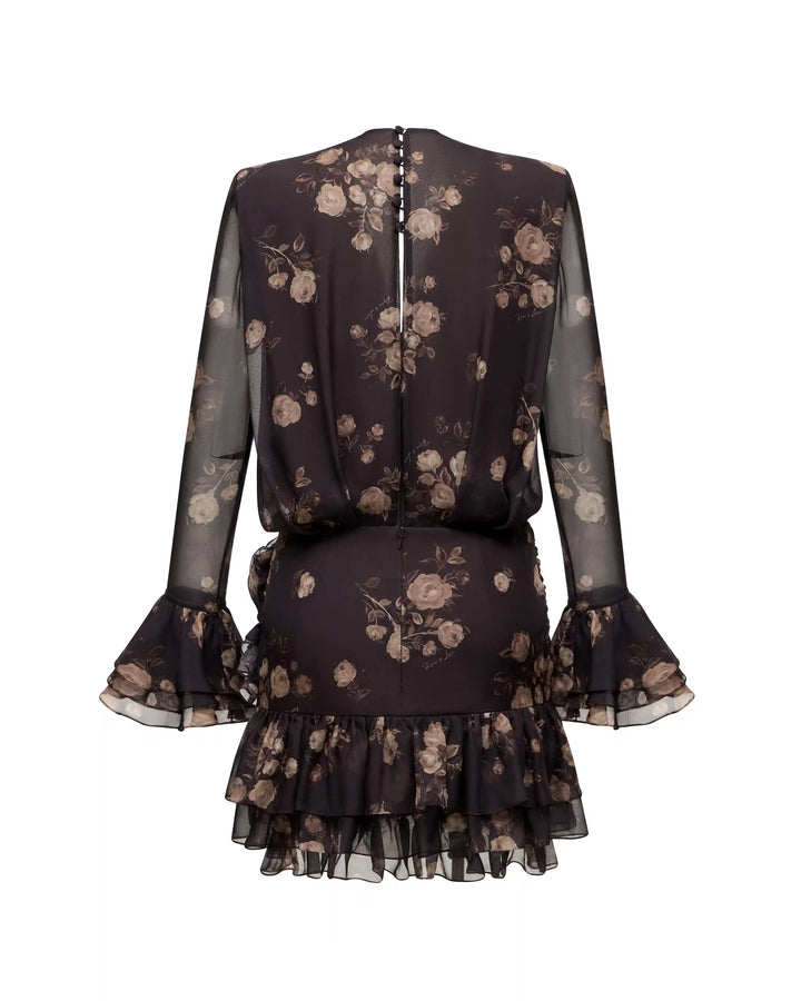 Mira, mini dress made of chocolate chiffon with floral print