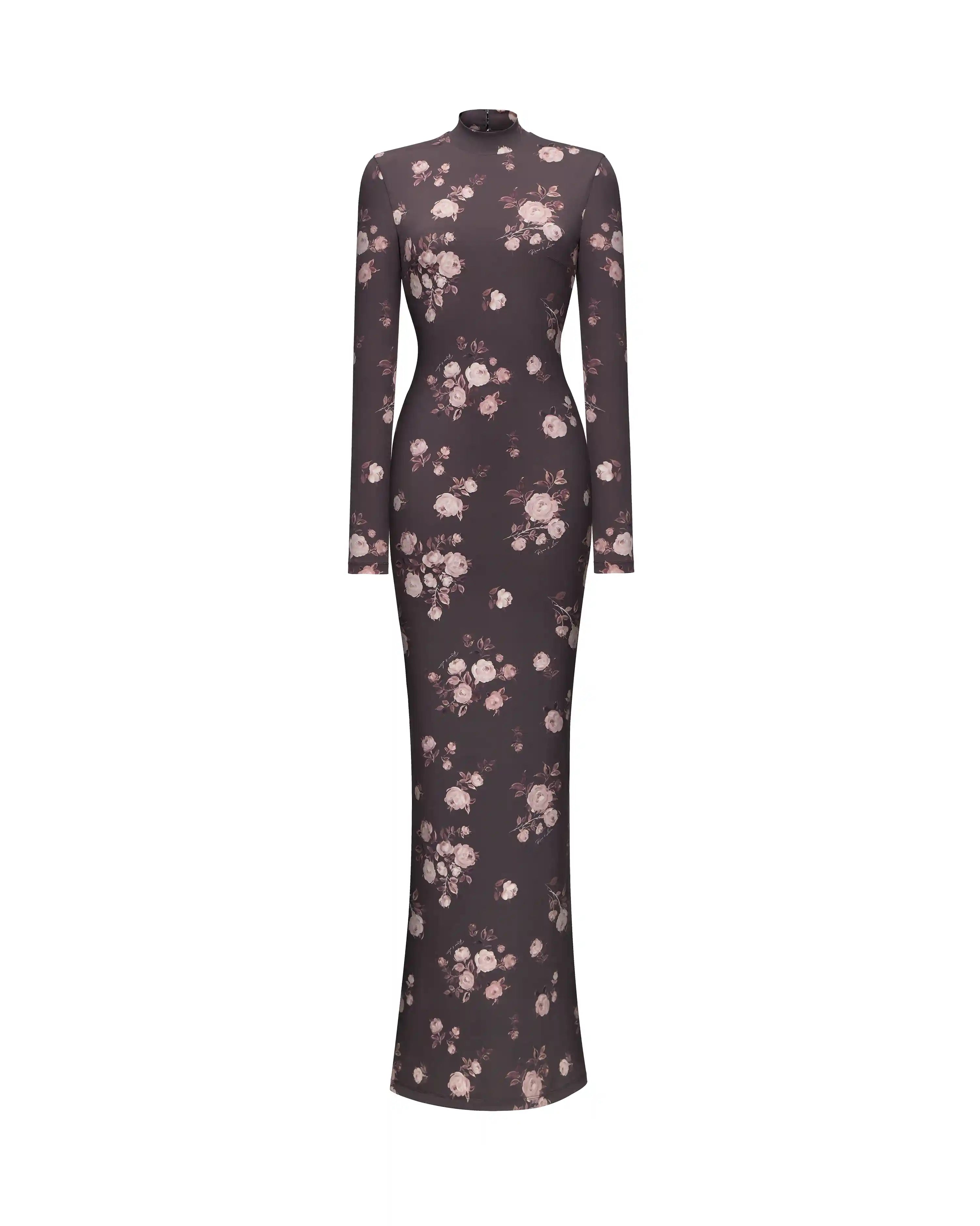 Muna maxi, maxi dress with long sleeves made of chocolate biflex with floral print