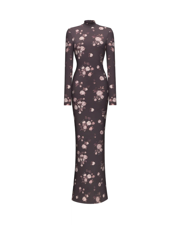 Muna maxi, maxi dress with long sleeves made of chocolate biflex with floral print