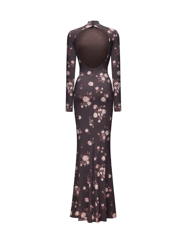 Muna maxi, maxi dress with long sleeves made of chocolate biflex with floral print