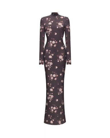 Muna maxi, maxi dress with long sleeves made of chocolate biflex with floral print