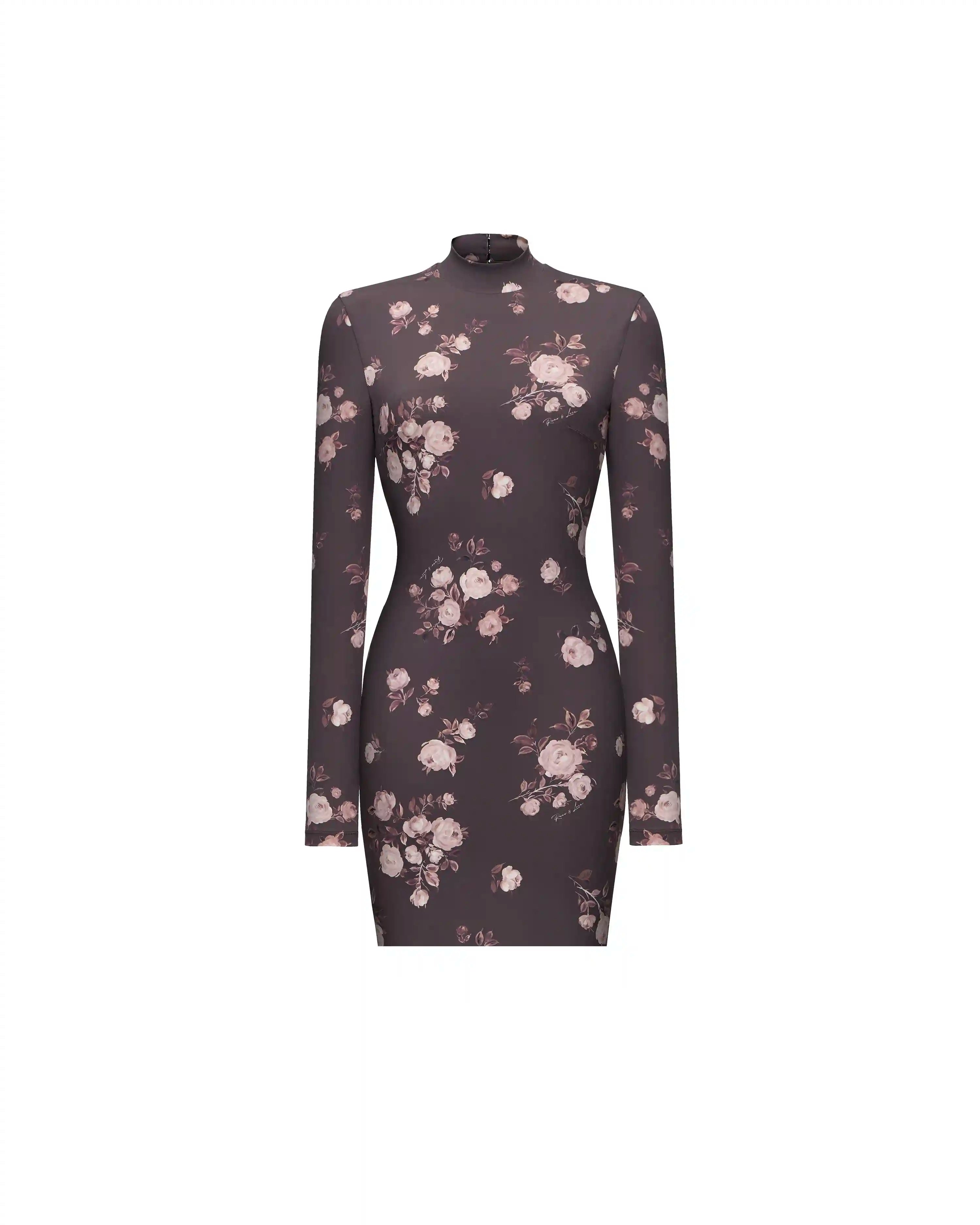 Muna mini, mini dress with long sleeves made of chocolate biflex with floral print