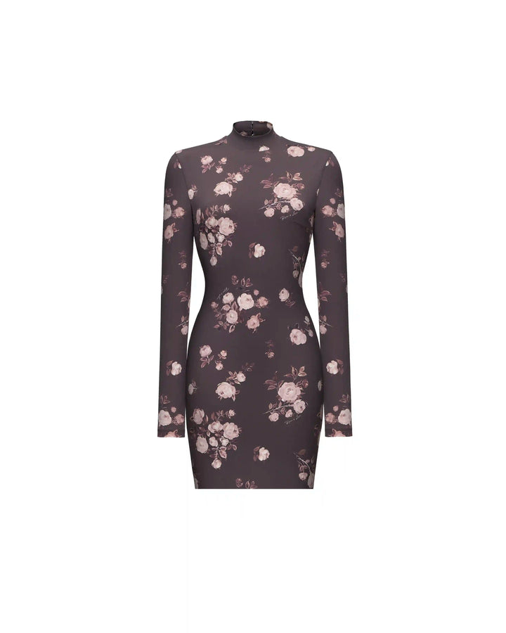 Muna mini, mini dress with long sleeves made of chocolate biflex with floral print