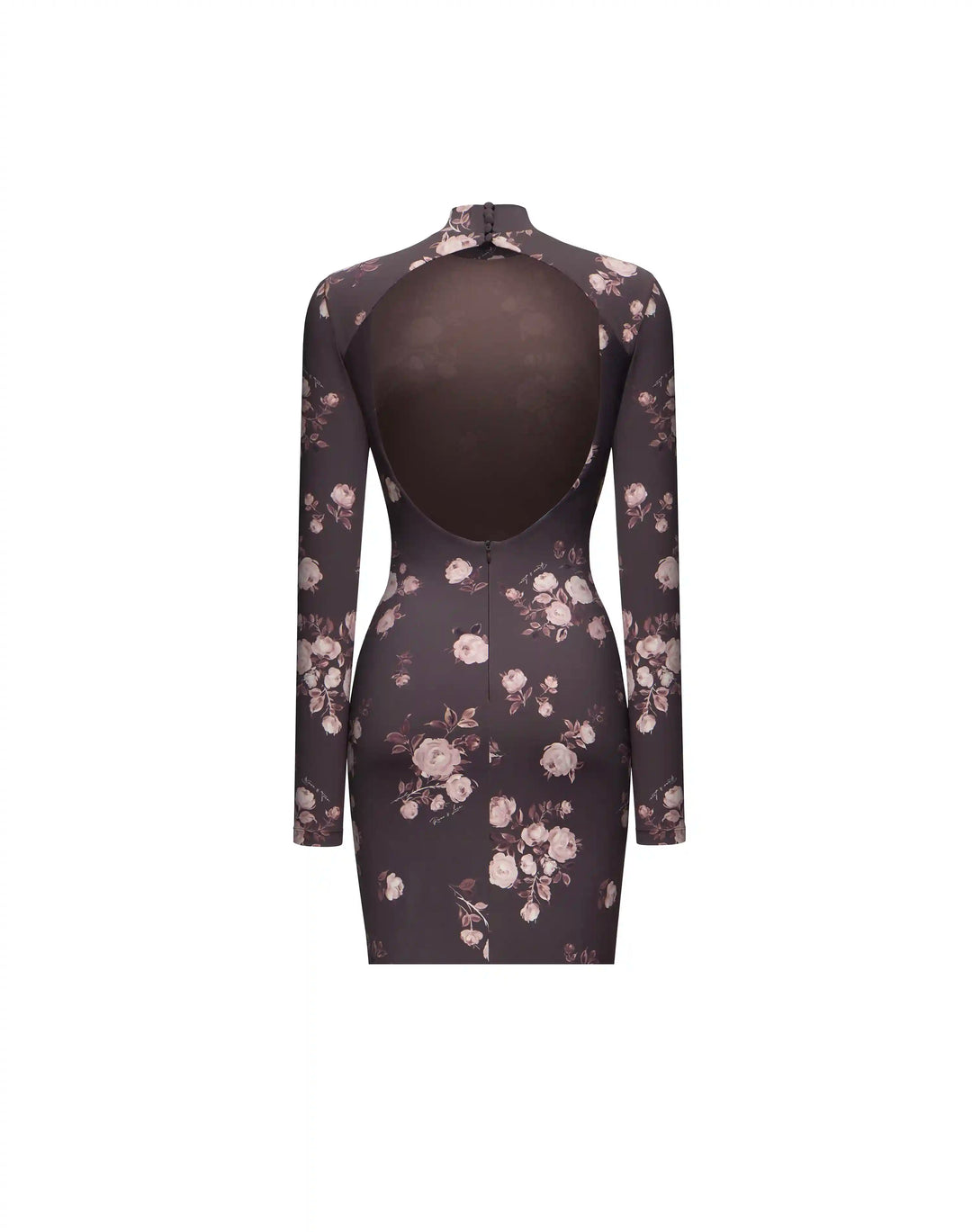 Muna mini, mini dress with long sleeves made of chocolate biflex with floral print