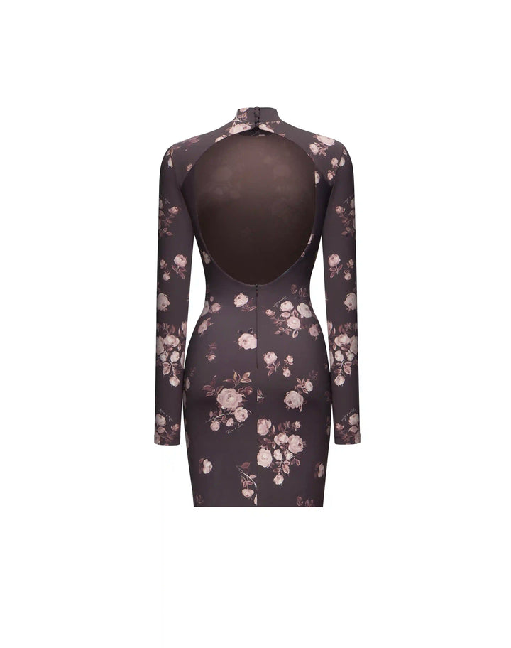Muna mini, mini dress with long sleeves made of chocolate biflex with floral print