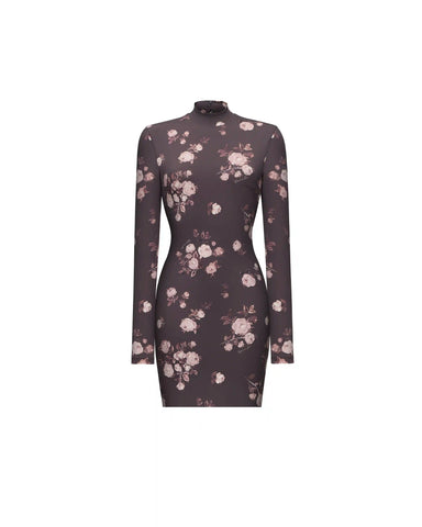 Muna mini, mini dress with long sleeves made of chocolate biflex with floral print