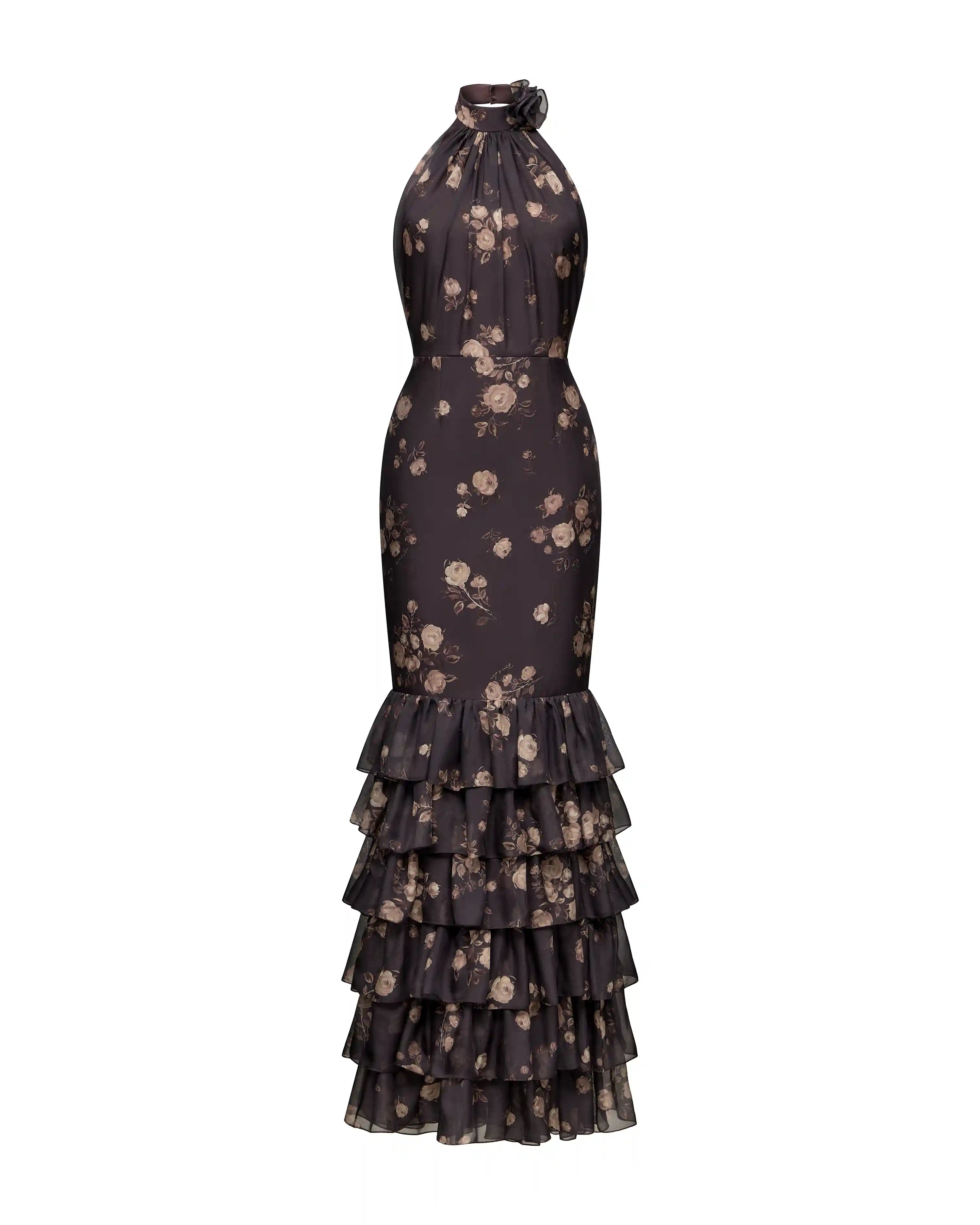 Rozalia, maxi dress made of chocolate chiffon with floral print