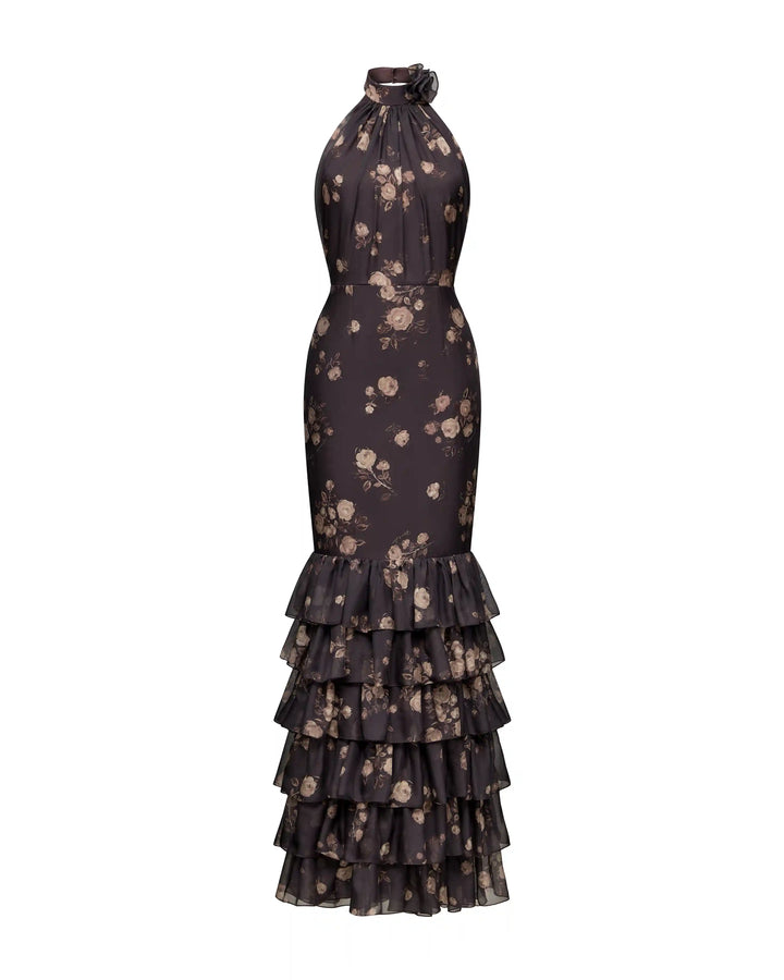Rozalia, maxi dress made of chocolate chiffon with floral print
