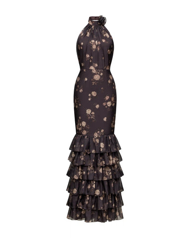 Rozalia, maxi dress made of chocolate chiffon with floral print