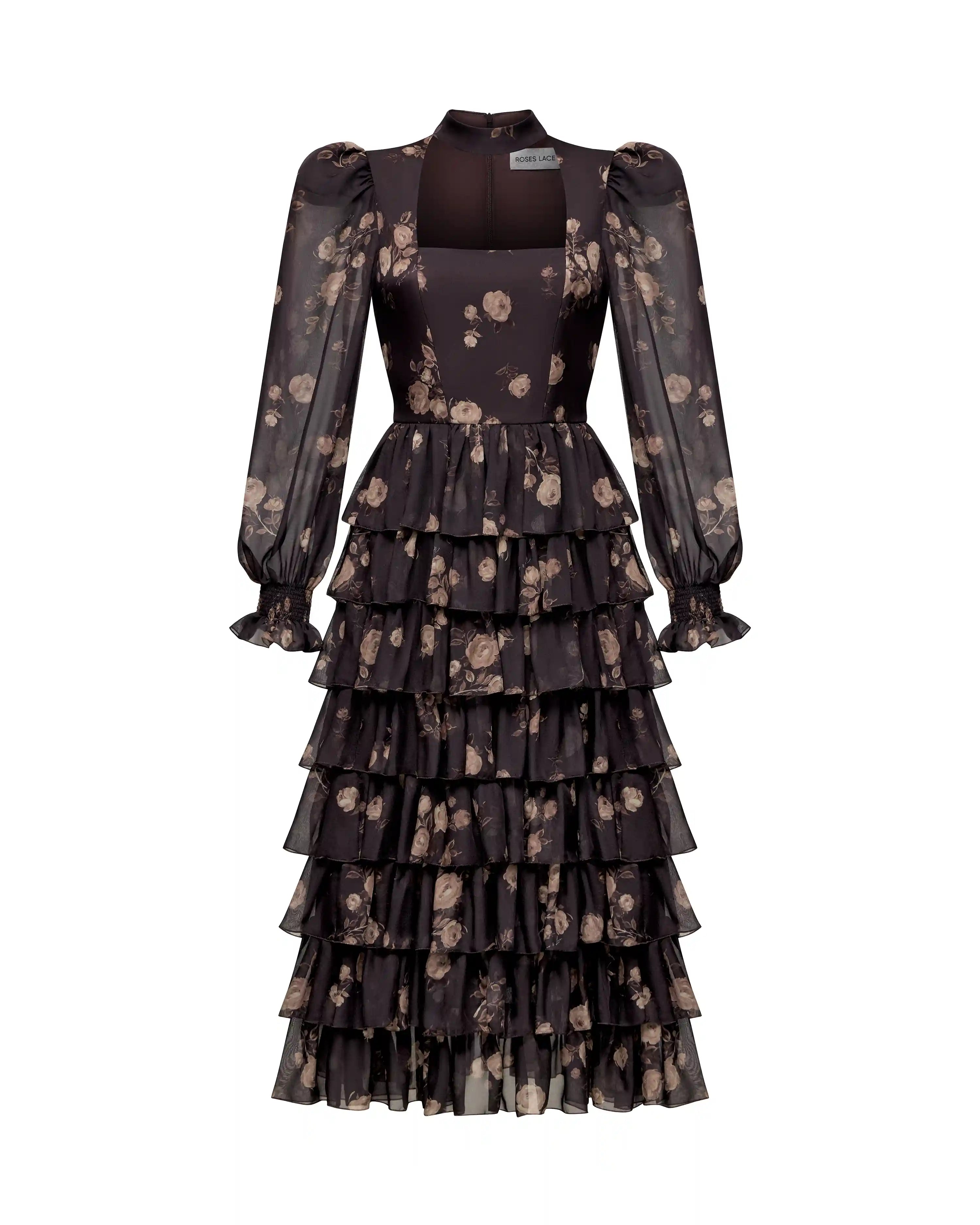 Valerie midi, midi dress made of chocolate chiffon with floral print