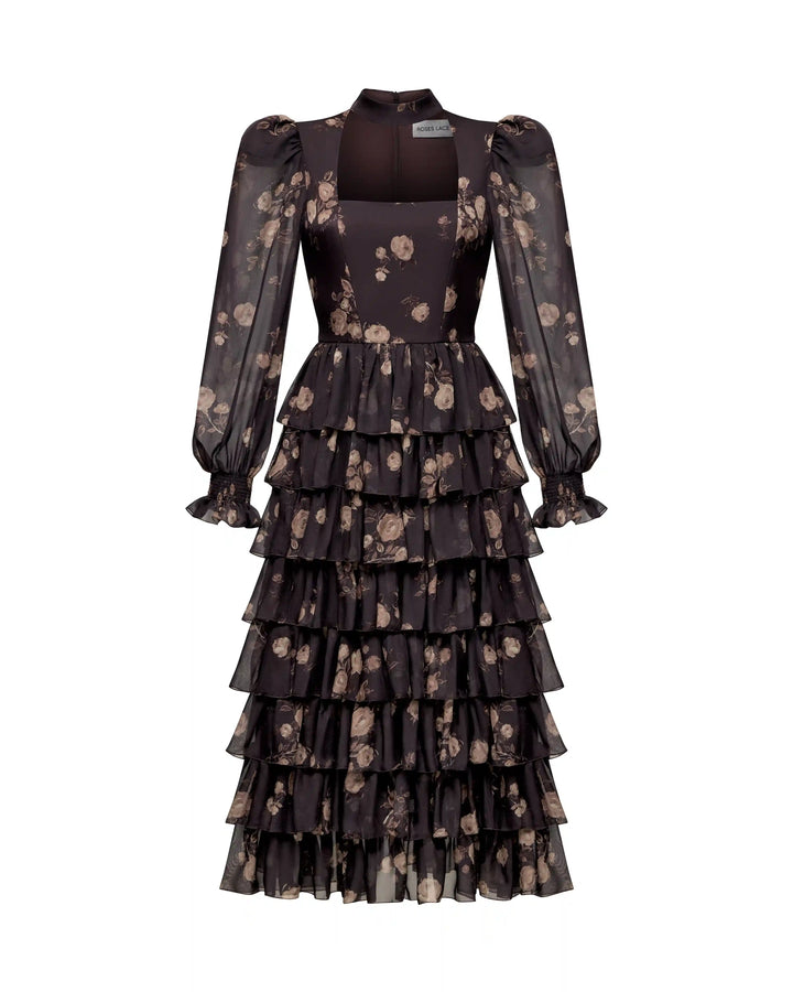 Valerie midi, midi dress made of chocolate chiffon with floral print
