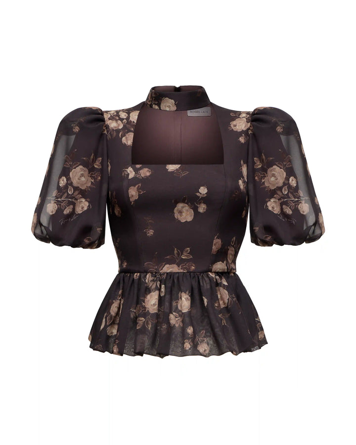 Valerie top, top made of chocolate chiffon with floral print