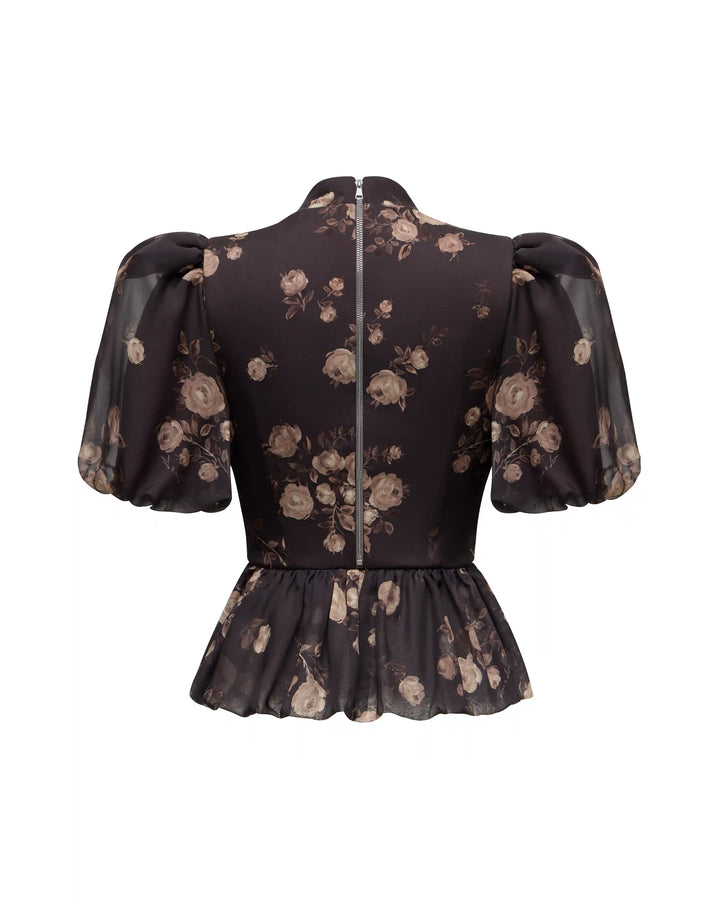 Valerie top, top made of chocolate chiffon with floral print