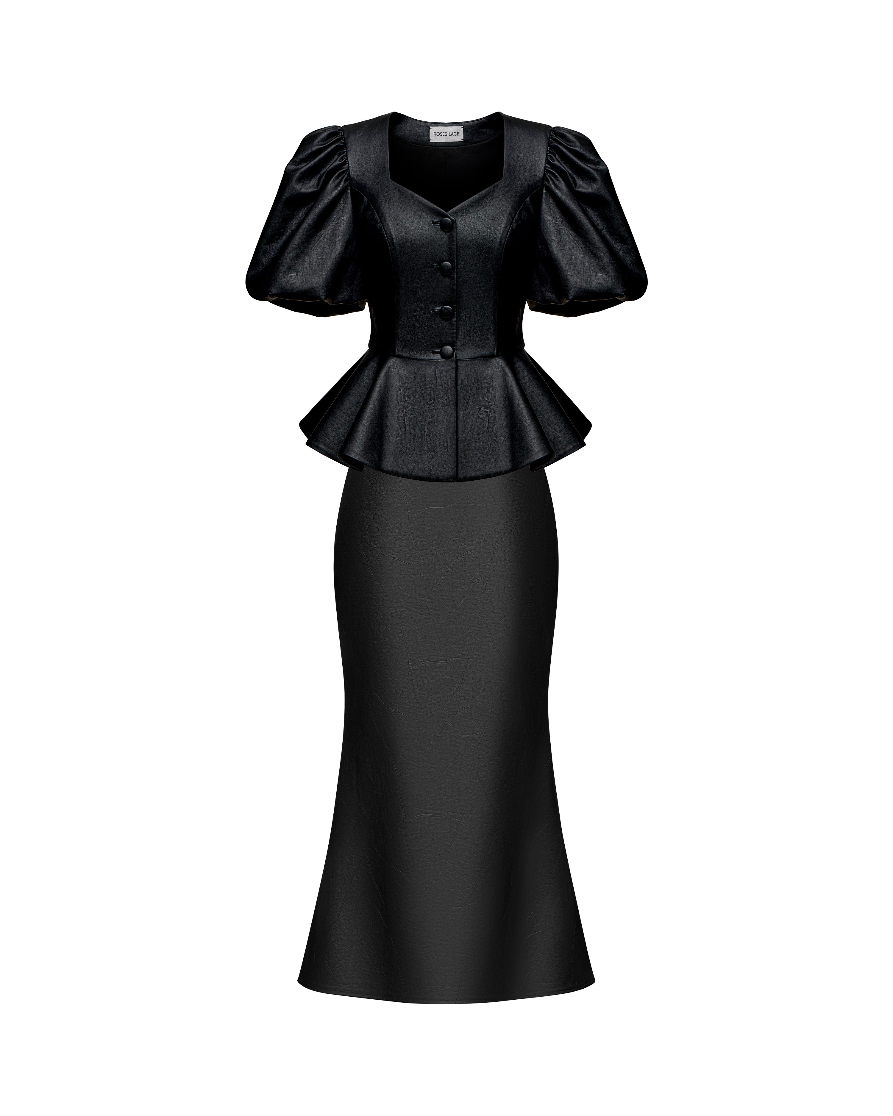 Judy-Kerelin, midi skirt and top made of black eco-leather