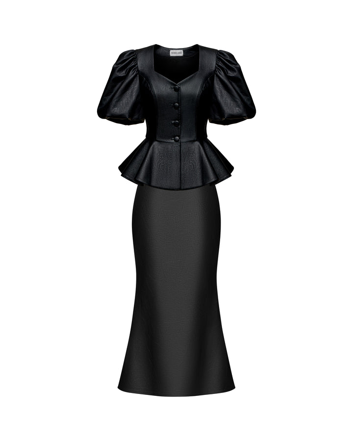 Judy-Kerelin, midi skirt and top made of black eco-leather