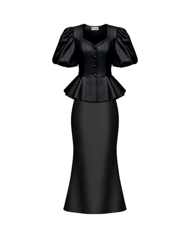 Judy-Kerelin, midi skirt and top made of black eco-leather