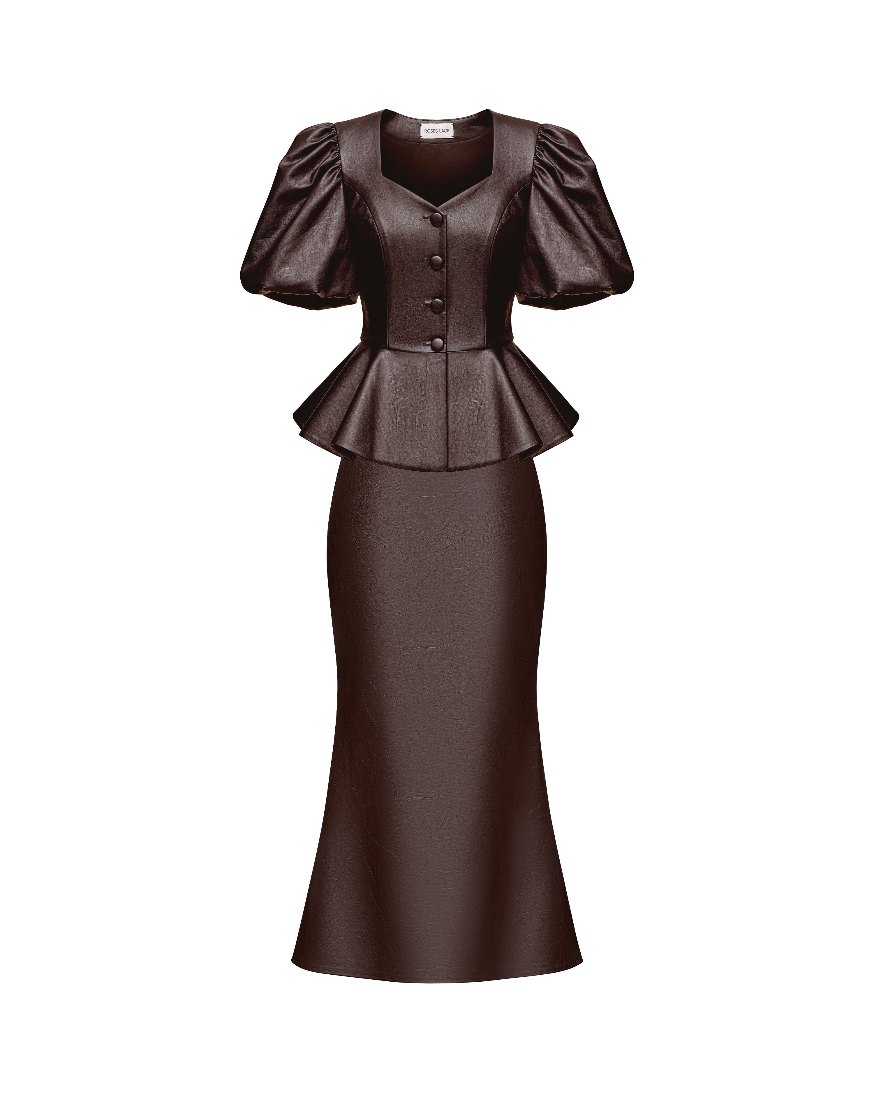Judy-Kerelin, midi skirt and top made of chocolate eco-leather