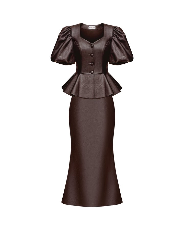 Judy-Kerelin, midi skirt and top made of chocolate eco-leather