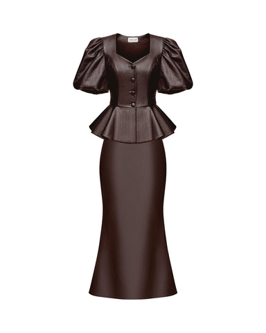 Judy-Kerelin, midi skirt and top made of chocolate eco-leather