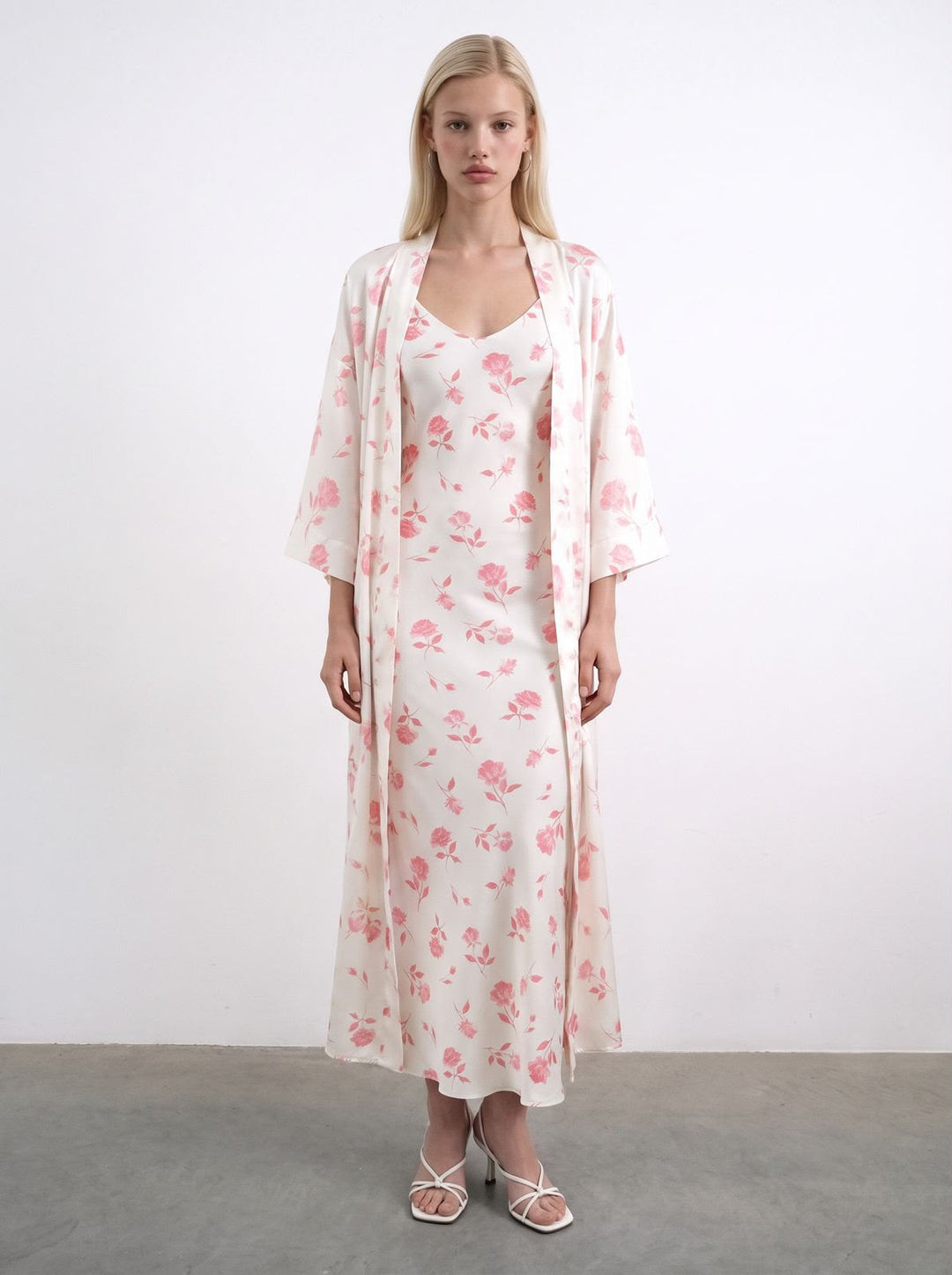 Cecil, ivory satin midi dress with medium light pink flowers