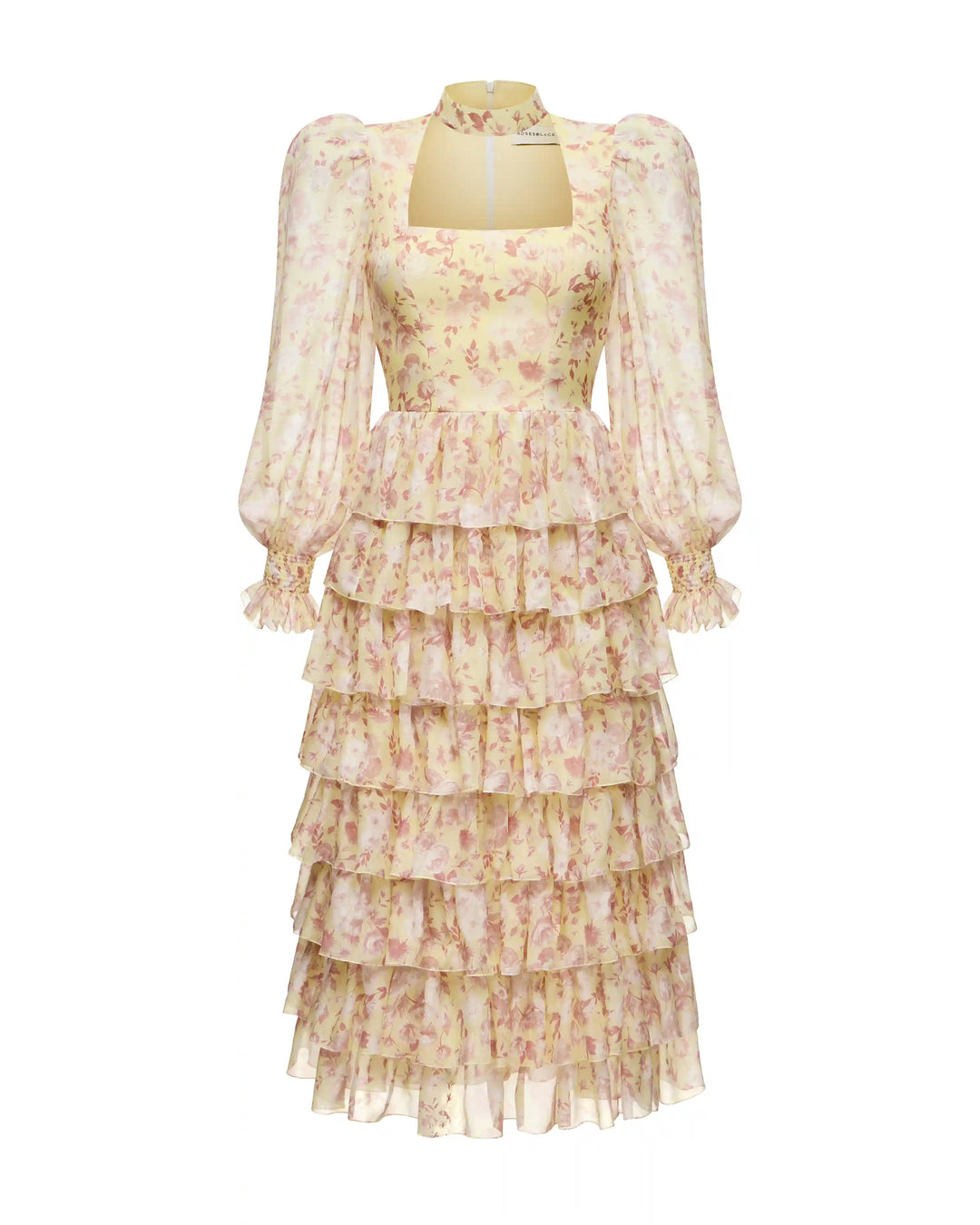 Valerie midi, midi dress made of yellow chiffon with small light pink flowers