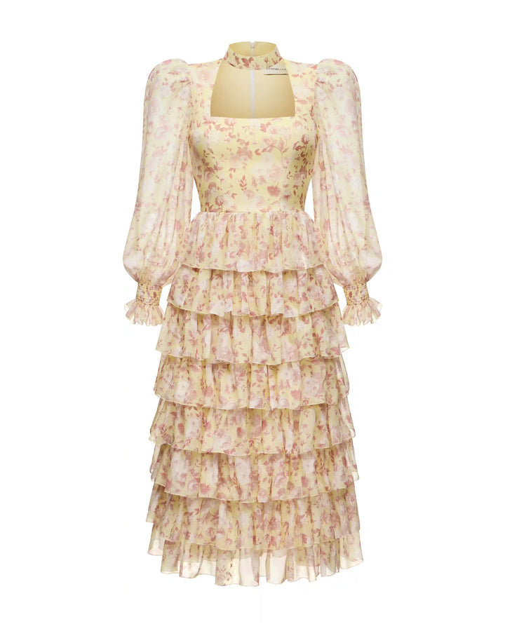 Valerie midi, midi dress made of yellow chiffon with small light pink flowers