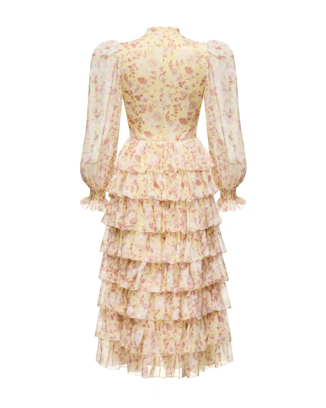 Valerie midi, midi dress made of yellow chiffon with small light pink flowers