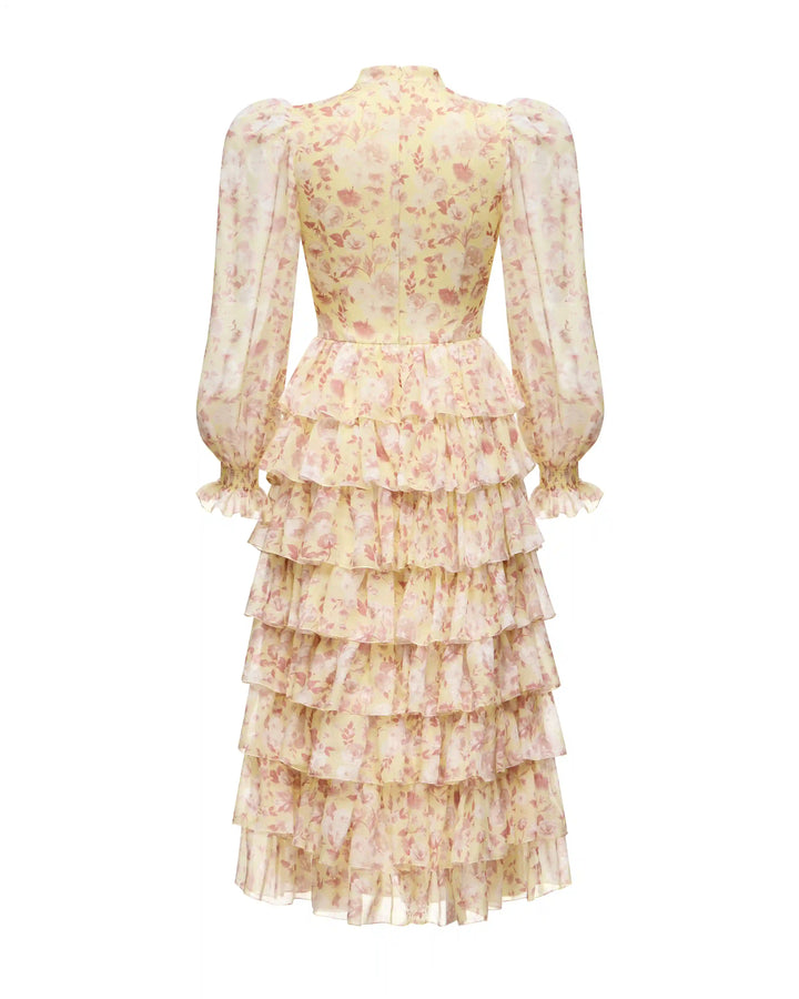 Valerie midi, midi dress made of yellow chiffon with small light pink flowers
