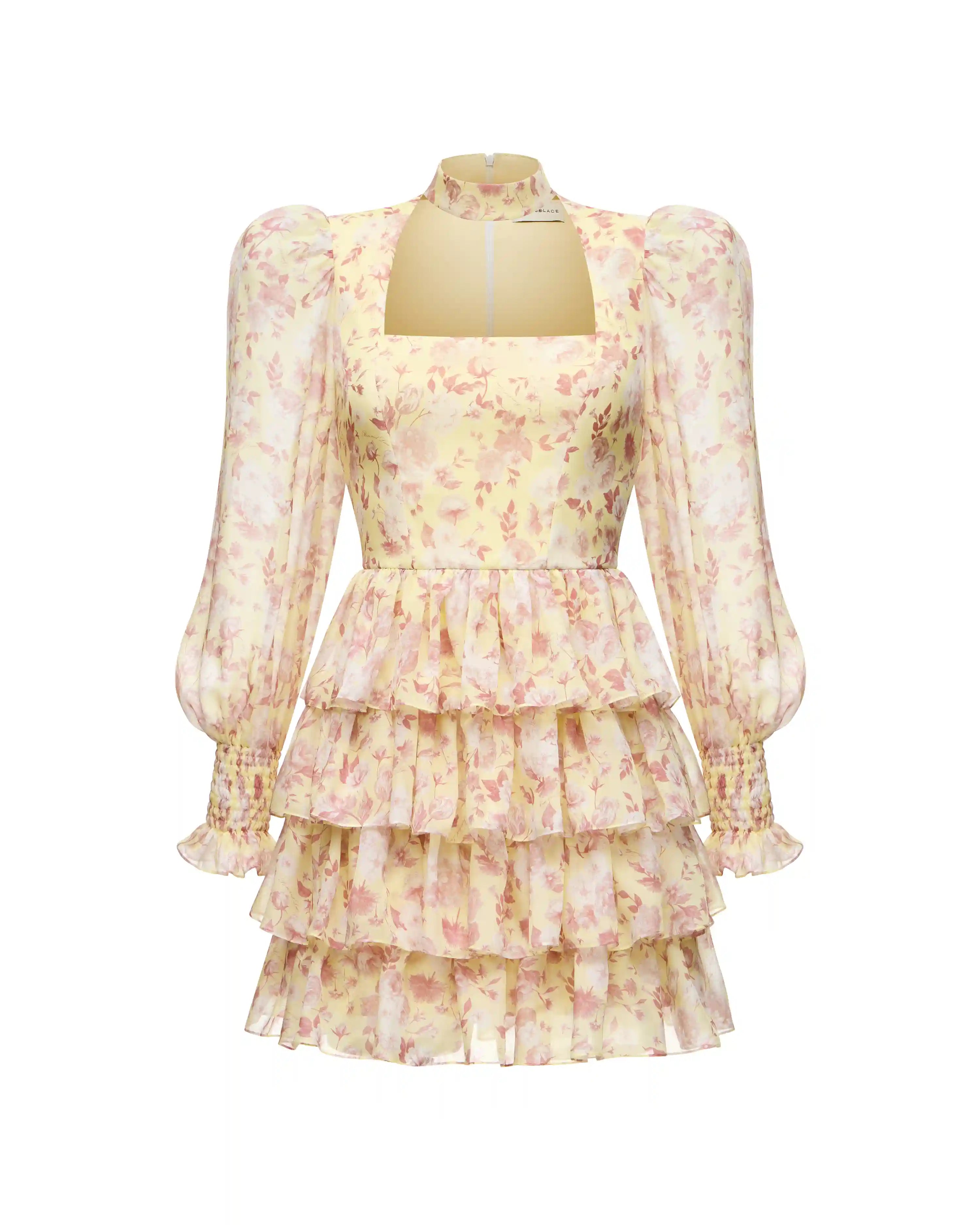 Valerie mini, mini dress made of yellow chiffon with small light pink flowers