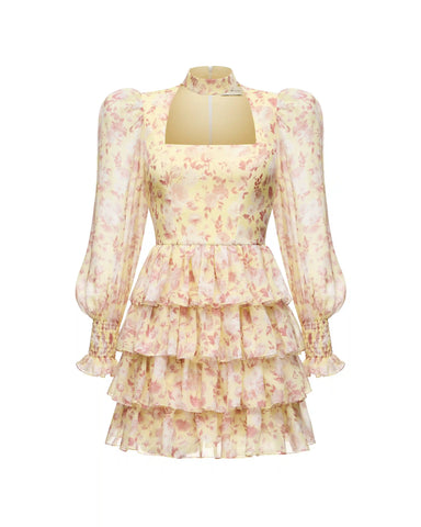 Valerie mini, mini dress made of yellow chiffon with small light pink flowers