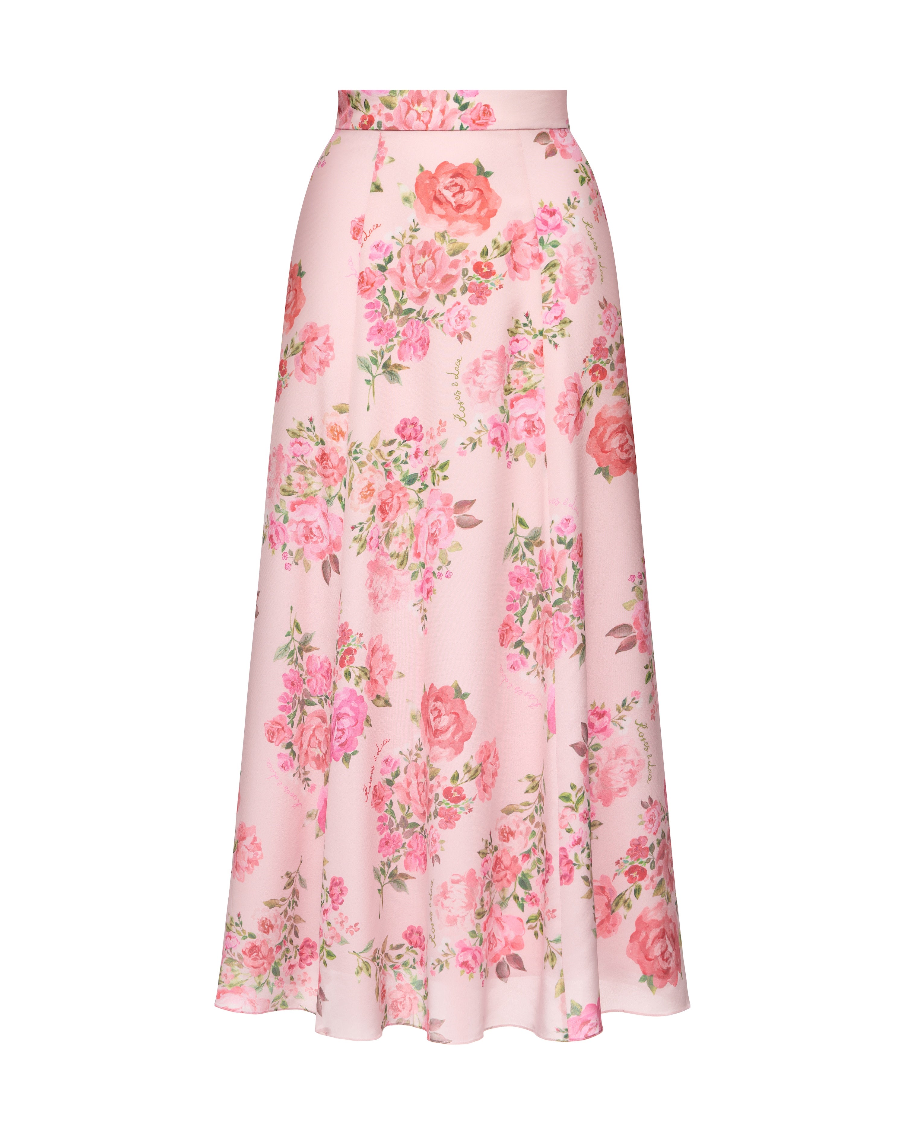 Olivia, skirt in light pink crepe de chine with medium pink flowers