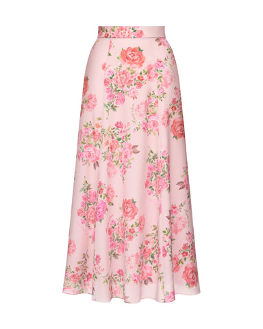 Olivia, skirt in light pink crepe de chine with medium pink flowers