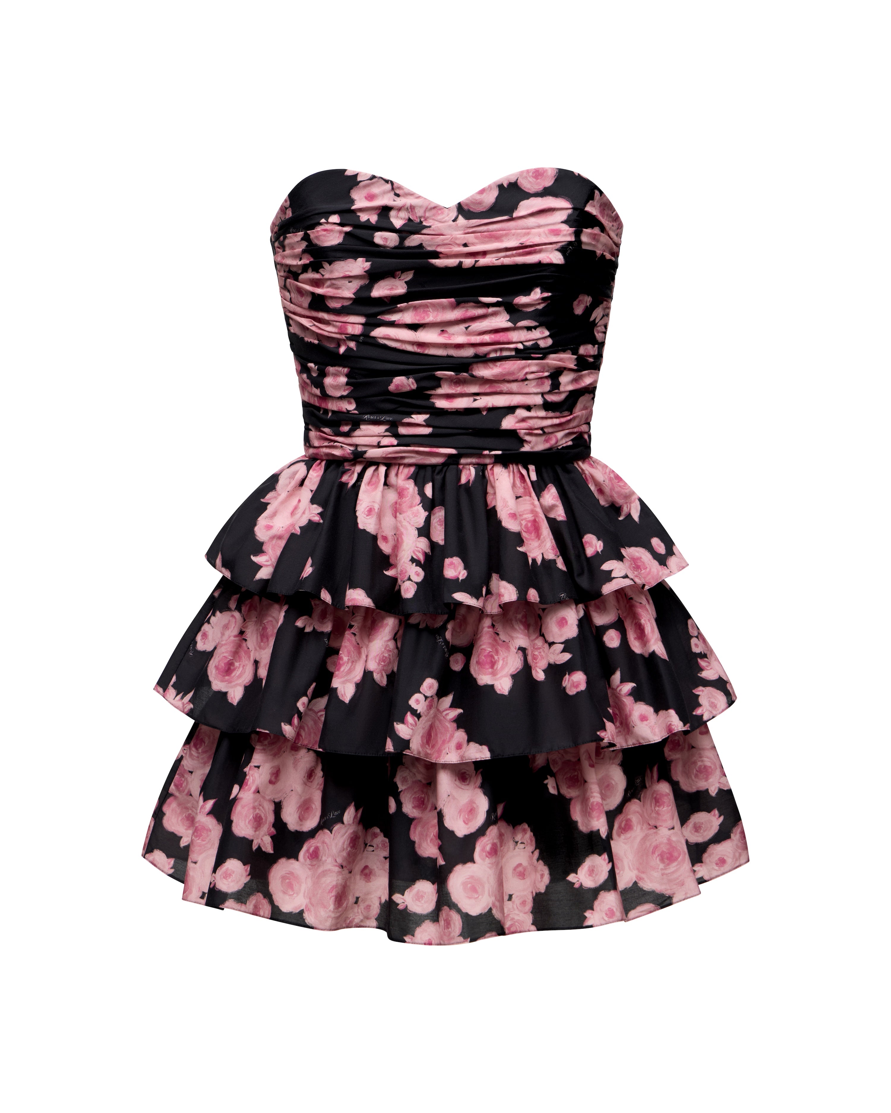 Irma mini, mini dress in black batiste with medium pink flowers