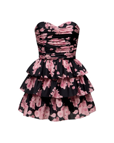 Irma mini, mini dress in black batiste with medium pink flowers
