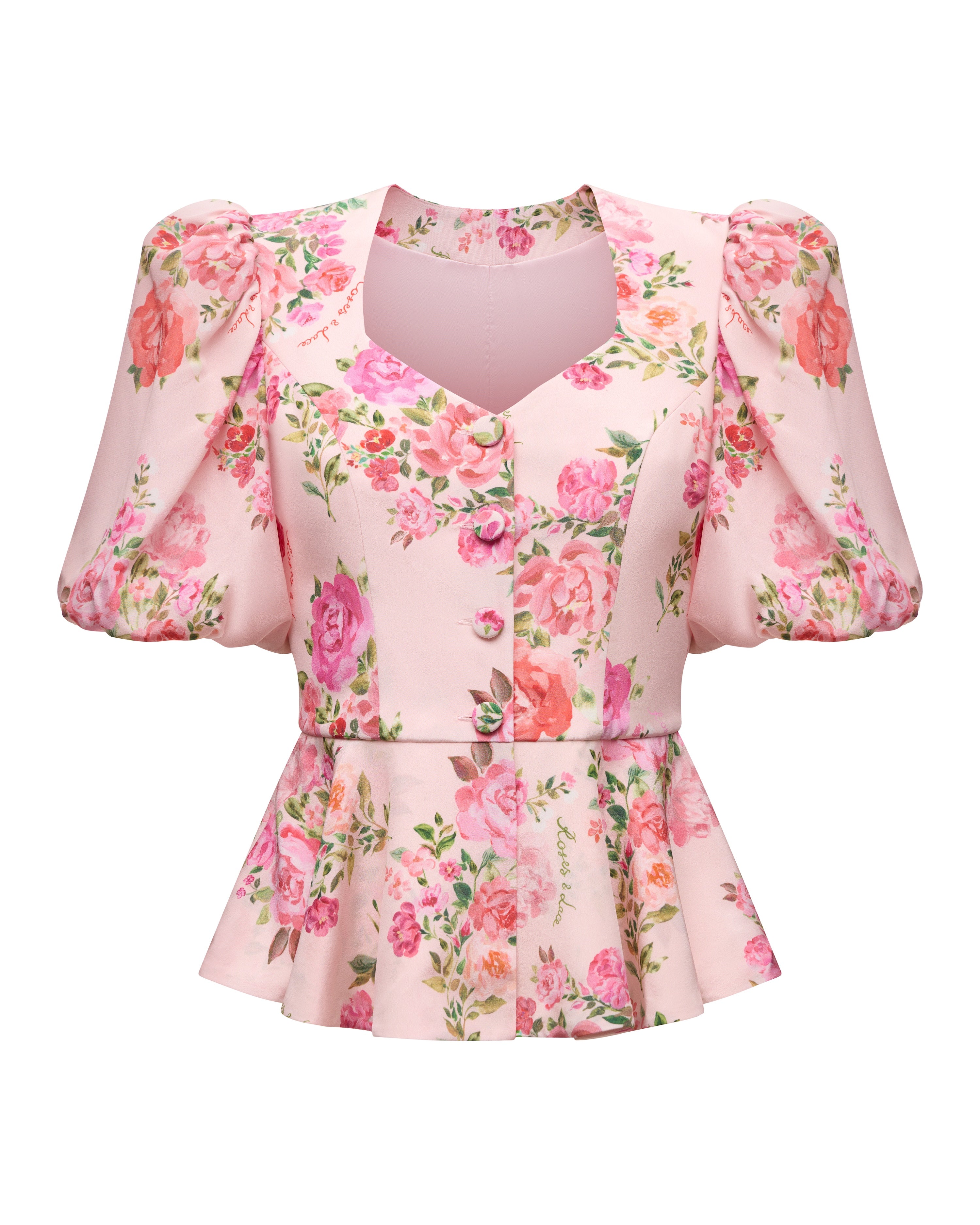 Judy, jacket in light pink crepe de chine with medium pink flowers